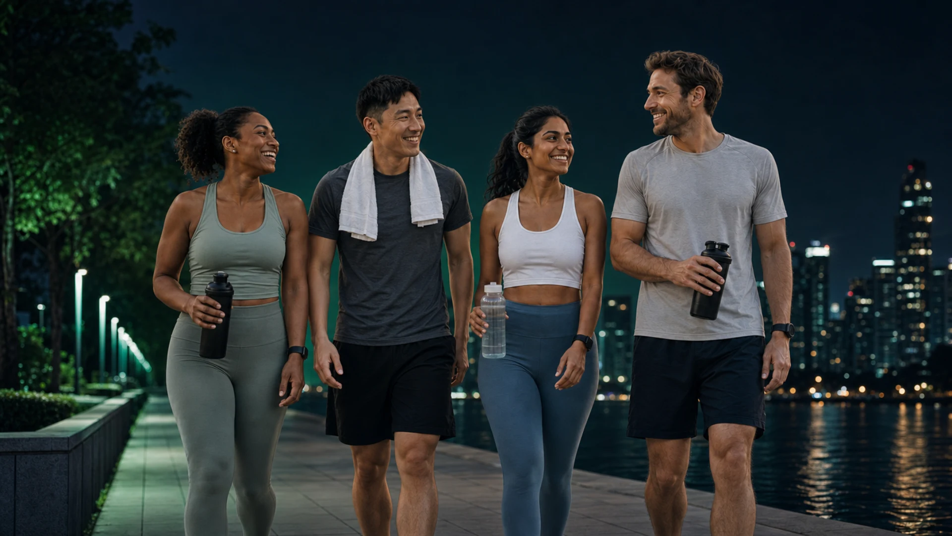 Four people walking together after training